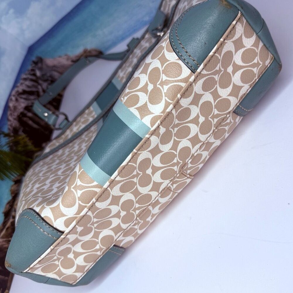 Coach Chelsea Heritage Stripe Signature Tote Teal & Khaki Coated Canvas #F15137 - Picture 7 of 12